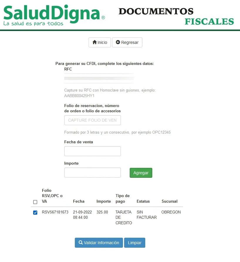 Validar información para la factura electronica en Salud Digna